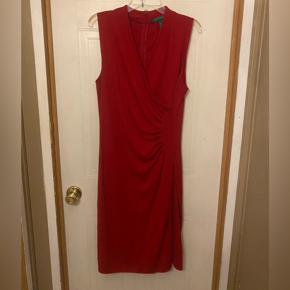 Lauren Ralph Lauren Red Sleeveless Faux-Wrap Midi Dress